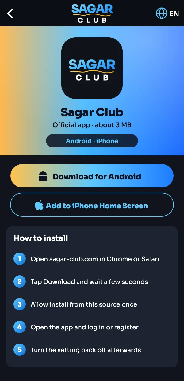 Sagar Club app download screen for Android and iPhone