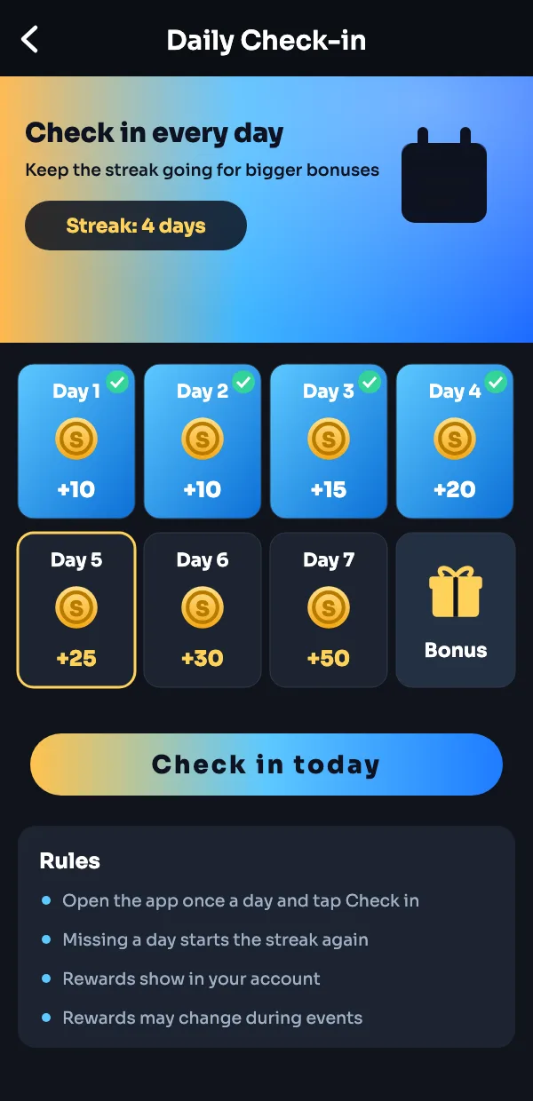 Sagar Club daily check-in screen with a 7-day streak