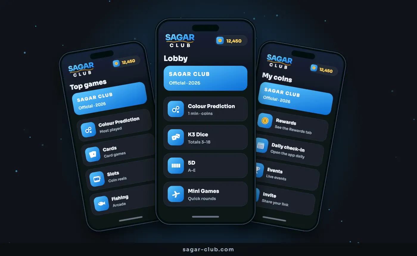 Sagar Club app screens on three phones
